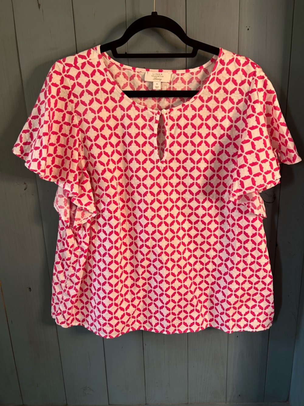 Charter Club Linen Pink & White Geometric Flutter-Sleeve Blouse | Size XL